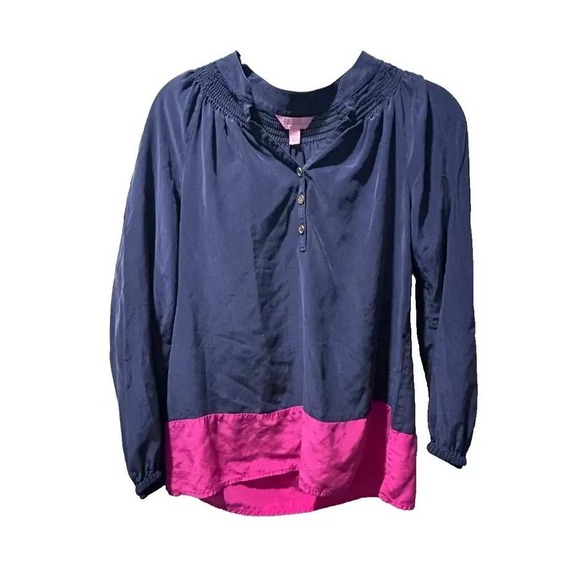 Lilly Pulitzer Tops - Lilly Pulitzer Blouse Womens XS Navy Pink Excellent Silk Smocked Colorblock Top